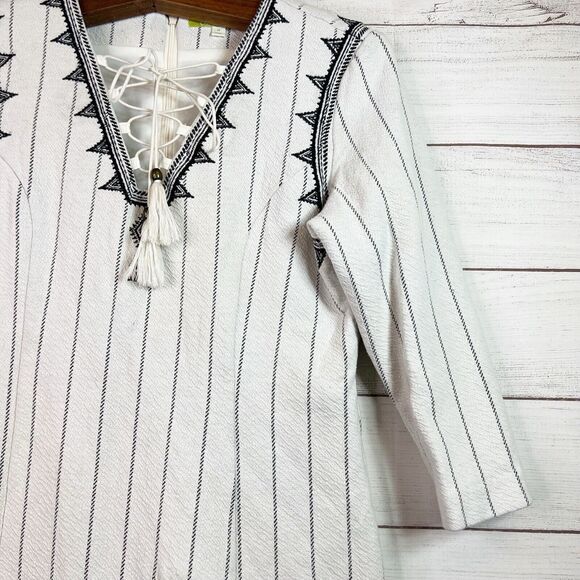Gianni Bini Ivory/ Black Embroidery Tianna Stretch Dress Stripe Boho Size M - Picture 5 of 11